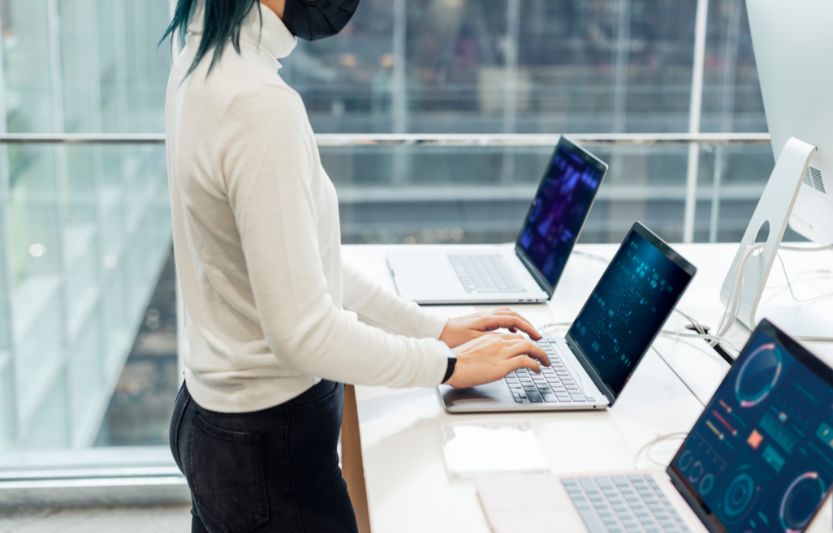 Girl checking the laptop product